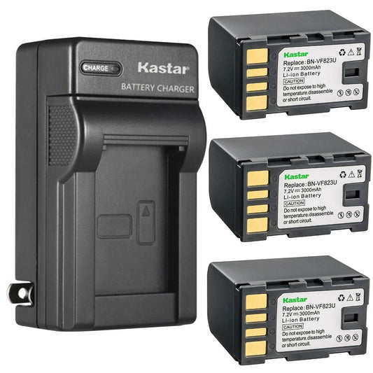 Kastar 3-Pack Battery and AC Wall Charger Replacement for JVC GZ-MS120AUS GZ-MS120B GZ-MS120BUS GZ-MS120R GZ-MS120RUS GZ-MS123 GZ-MS130 GZ-MS130A