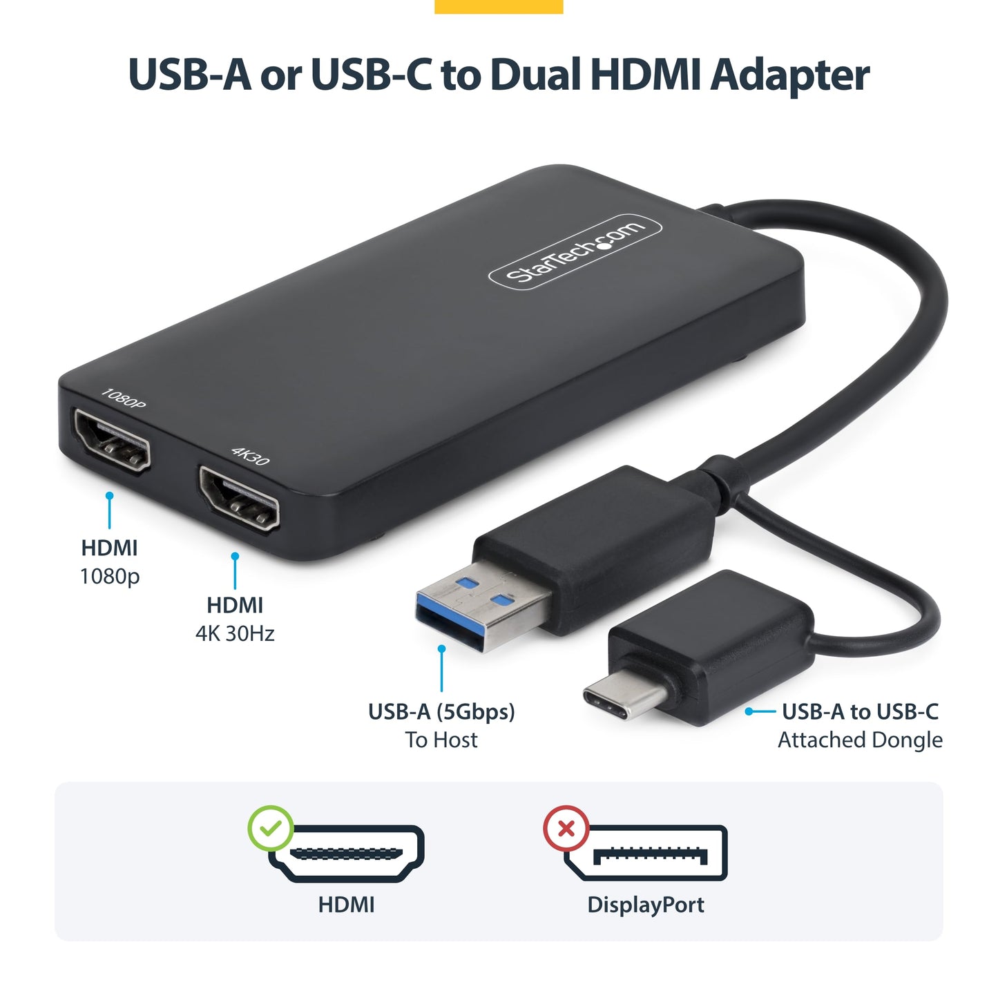 StarTech USB-A & USB-C to Dual HDMI Adapter for Mac (M1/M2/M3/M4/M5), Windows & ChromeOS, Extended Dual Monitor Display, 4K30 + 1080p Output