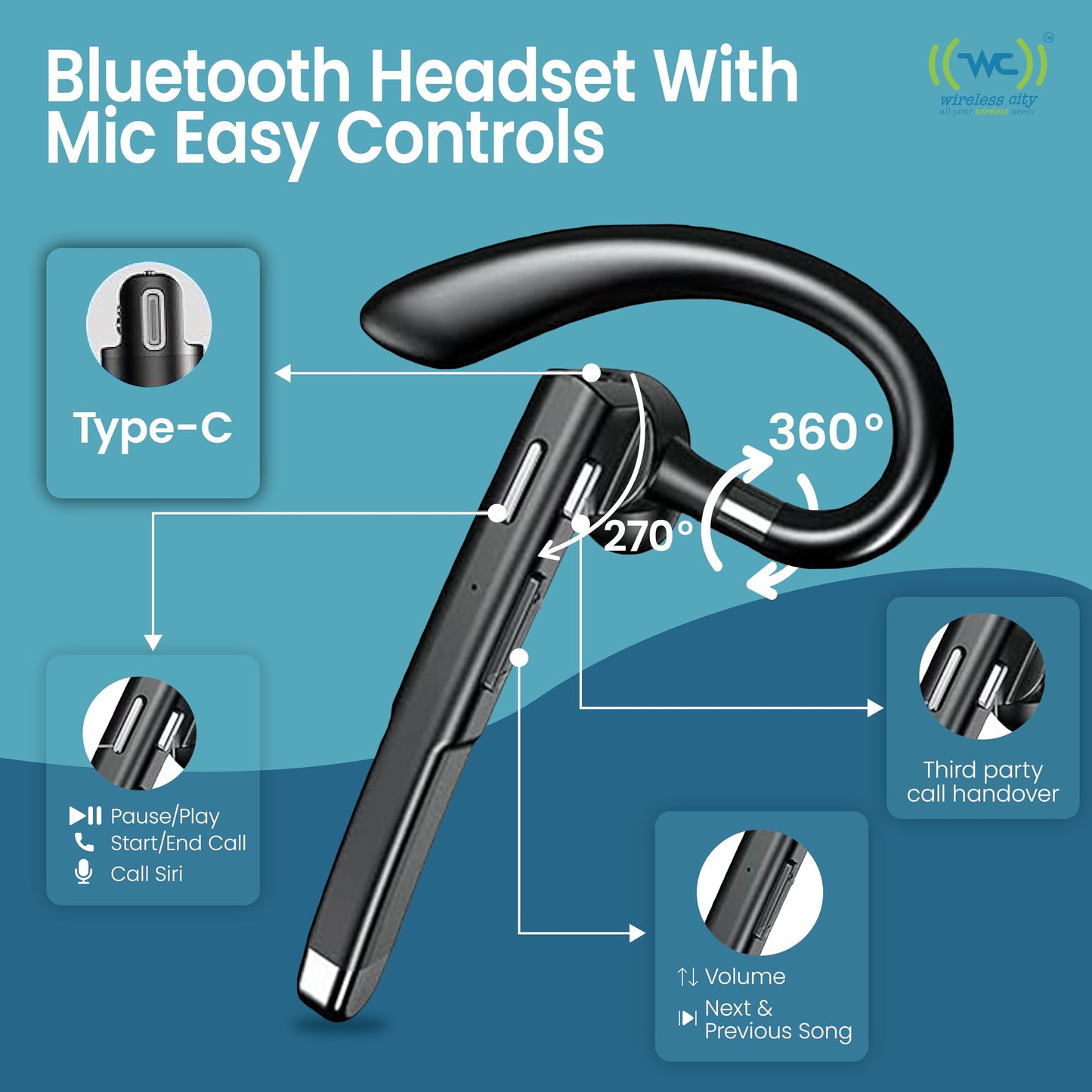 Wireless Bluetooth Headset with Mic, Noise-Cancelling Earpiece with 500mAh Charging Case - Up to 72H Talk Time - Clear HD Sound for Truck Drivers