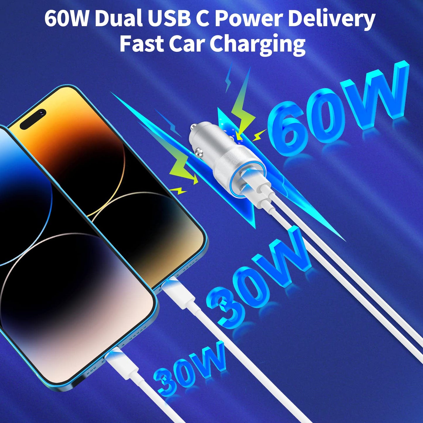 [Apple MFi Certified] iPhone Car Charger, Linocell 60W Dual PD USB-C Poewr Cigarette Lighter USB-C Car Carplay Fast Charger + 2Pack Type-C