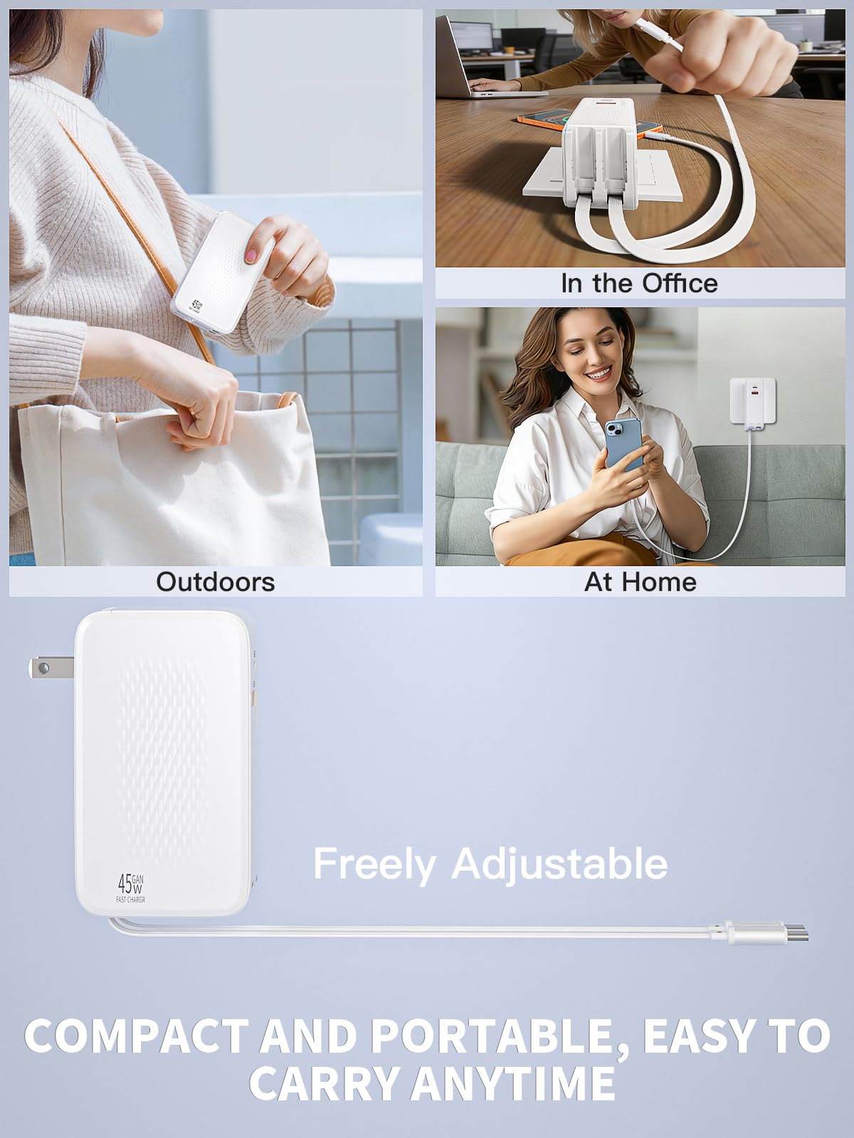 [Apple MFi Certified]45W Retractable iPhone 17 Charger Fast Charging, 4 in 1 Foldable Apple Charging Block Retractable Charger Dual USB Type C Cable
