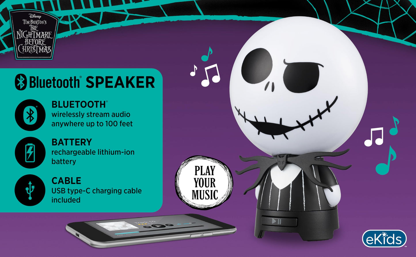 eKids Nightmare Before Christmas Bluetooth Speaker, Portable Wireless Speaker (Jack Skellington)