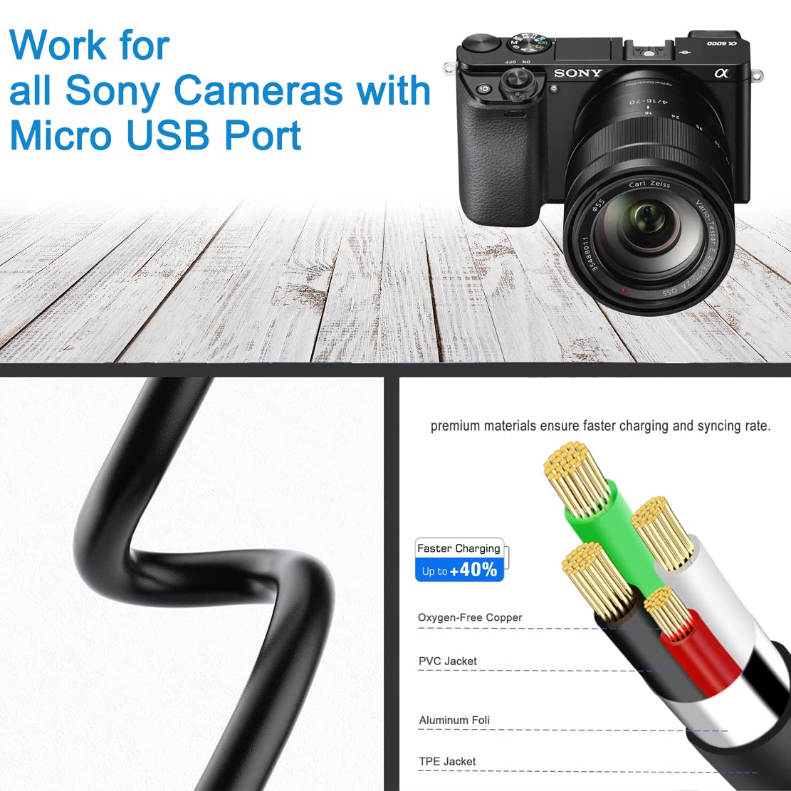 Camera USB Cable for Sony Alpha a6000 a6300 a6400 a6500 a5100 a5000 A77II A7IIK,A99II,Cyber-Shot DSCHX200V,DSCHX400, DSC-RX10 etc,PC Computer