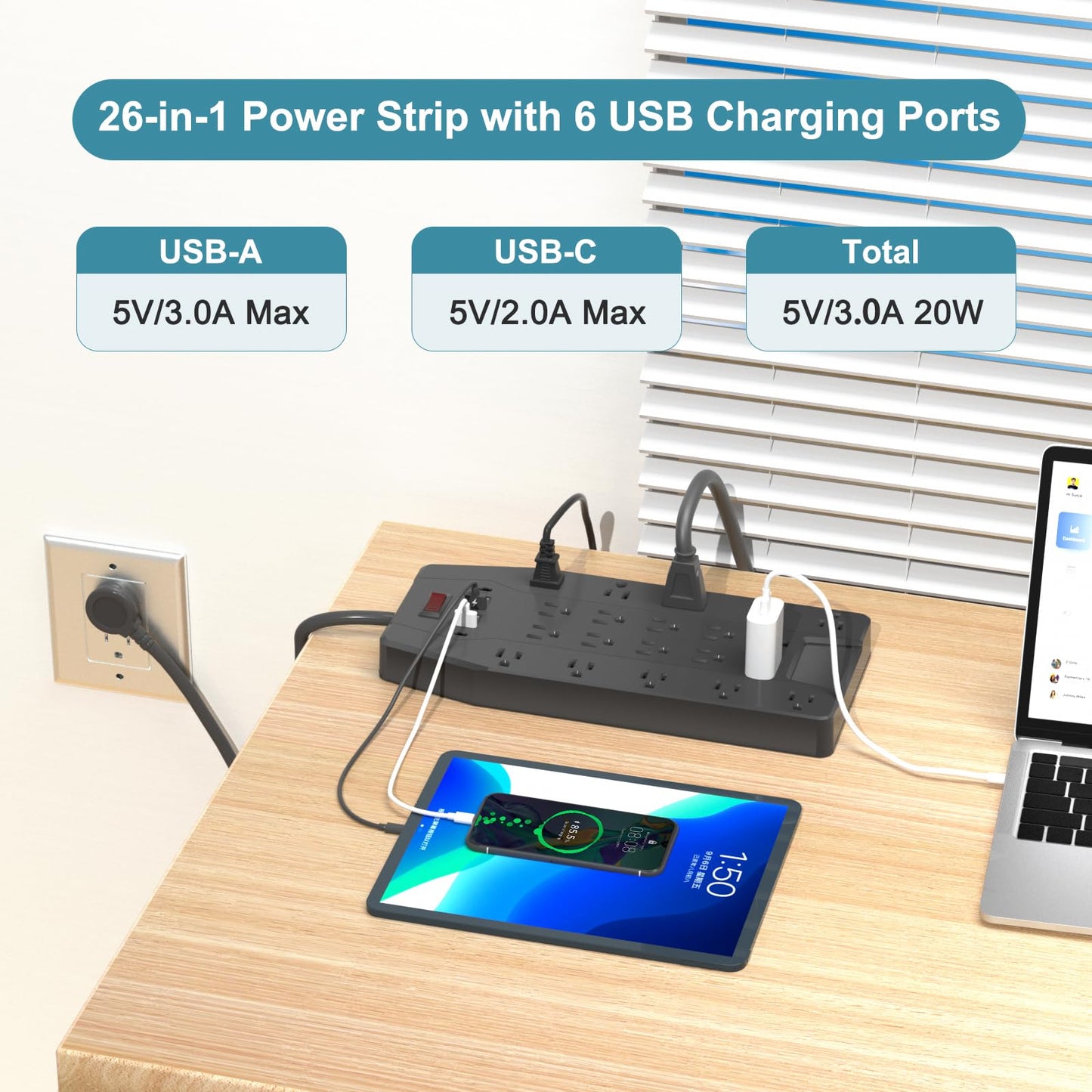 ZHANGONG Surge Protector Power Strip with 20 AC Outlets, 6 USB Ports (2 USB C), 1875W/15A, 2000J, 6.5FT Flat Plug Heavy Duty Extension Cord with 2