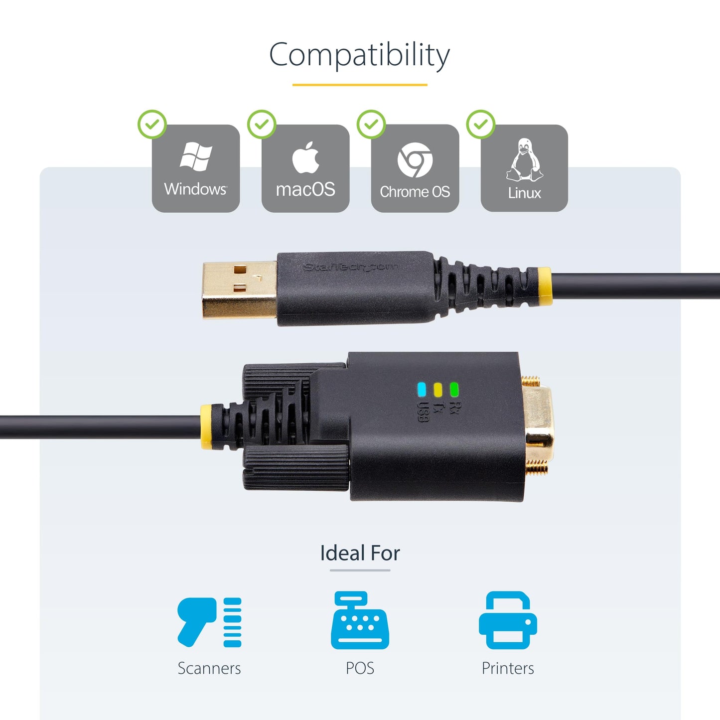 StarTech 10ft/3m USB to Serial Adapter Cable, COM Retention, FTDI IC, USB-A to DB9 RS232, Interchangeable DB9 Screws/Nuts