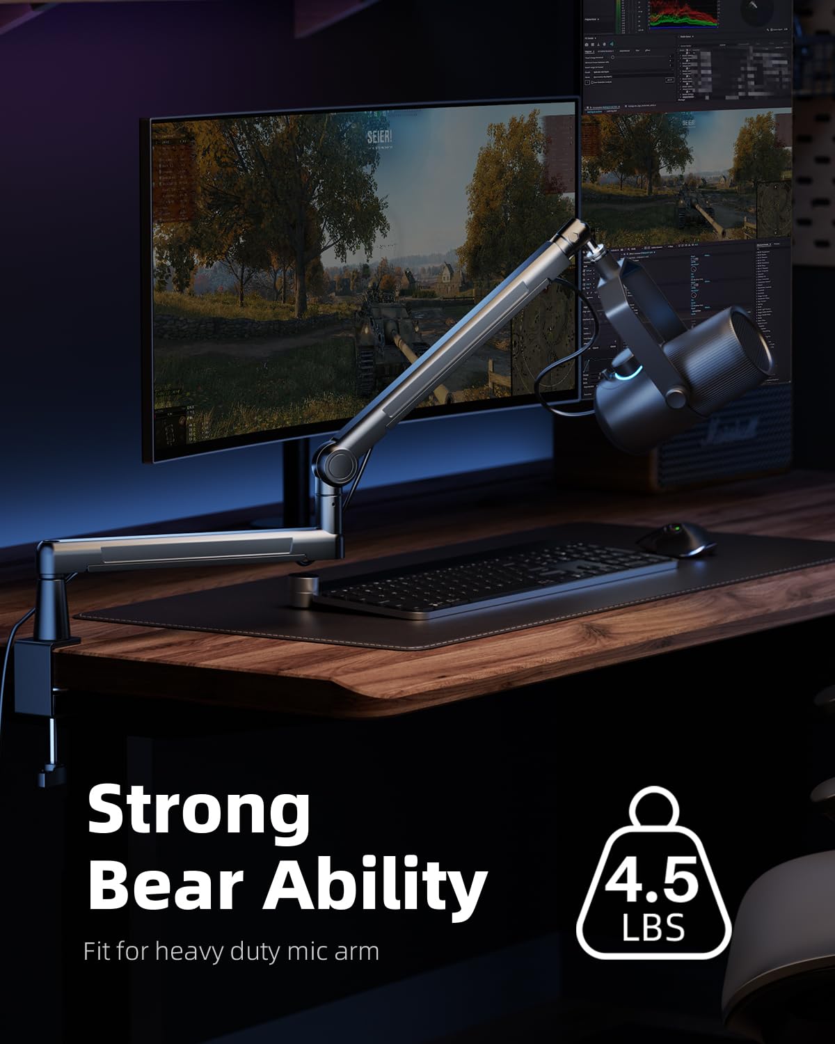 TODI Mic Stand Desk, Heavy Duty Boom Arm Bear 4.5LBS with Extension Riser, Adjustable Microphone Stand Desk, All Metal Mic Arm Desk Mic Stand with