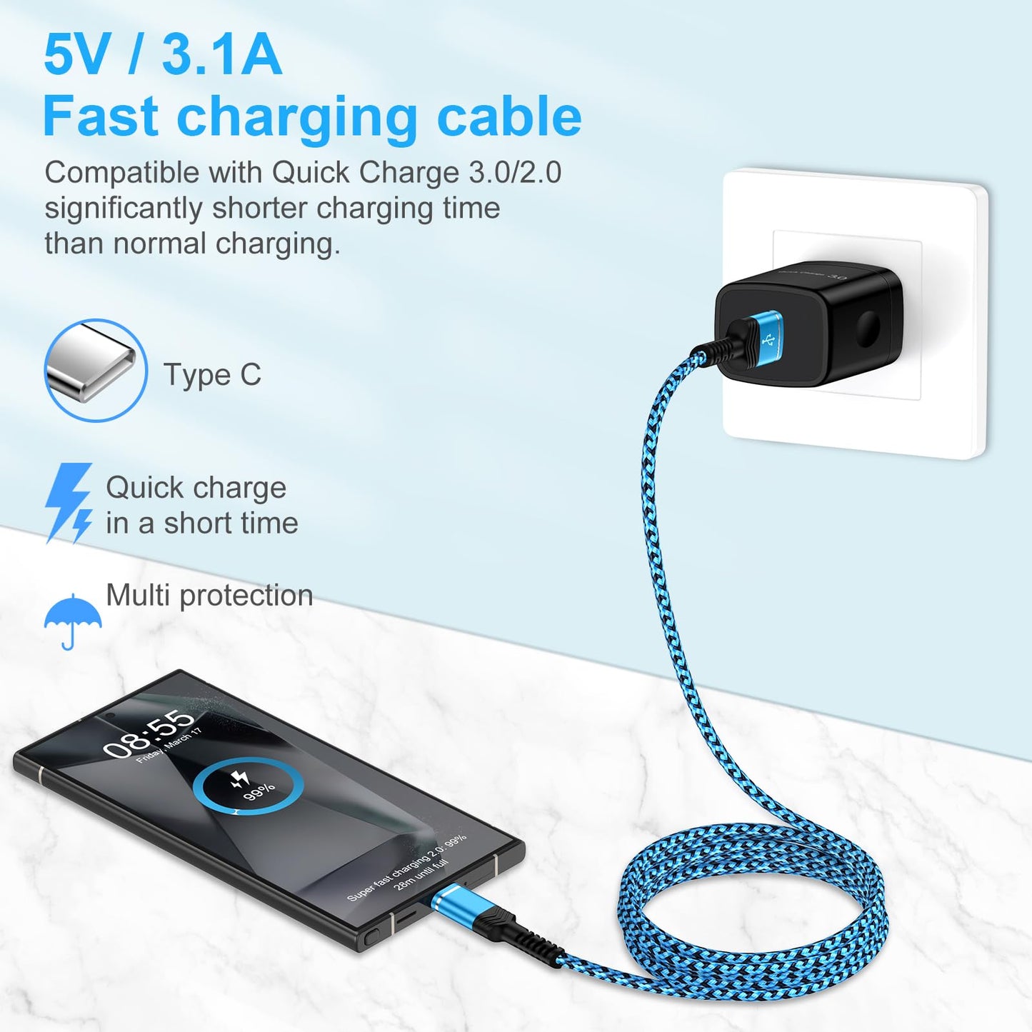 USB C Charger Cable Samsung Fast Charging Cord 6FT 3 Pack for Samsung Galaxy Z Fold 7 6 Flip 7 FE 6 5 S25 A16 A15 5G A35 A55 S24 S23 A25 A14 A54 S22