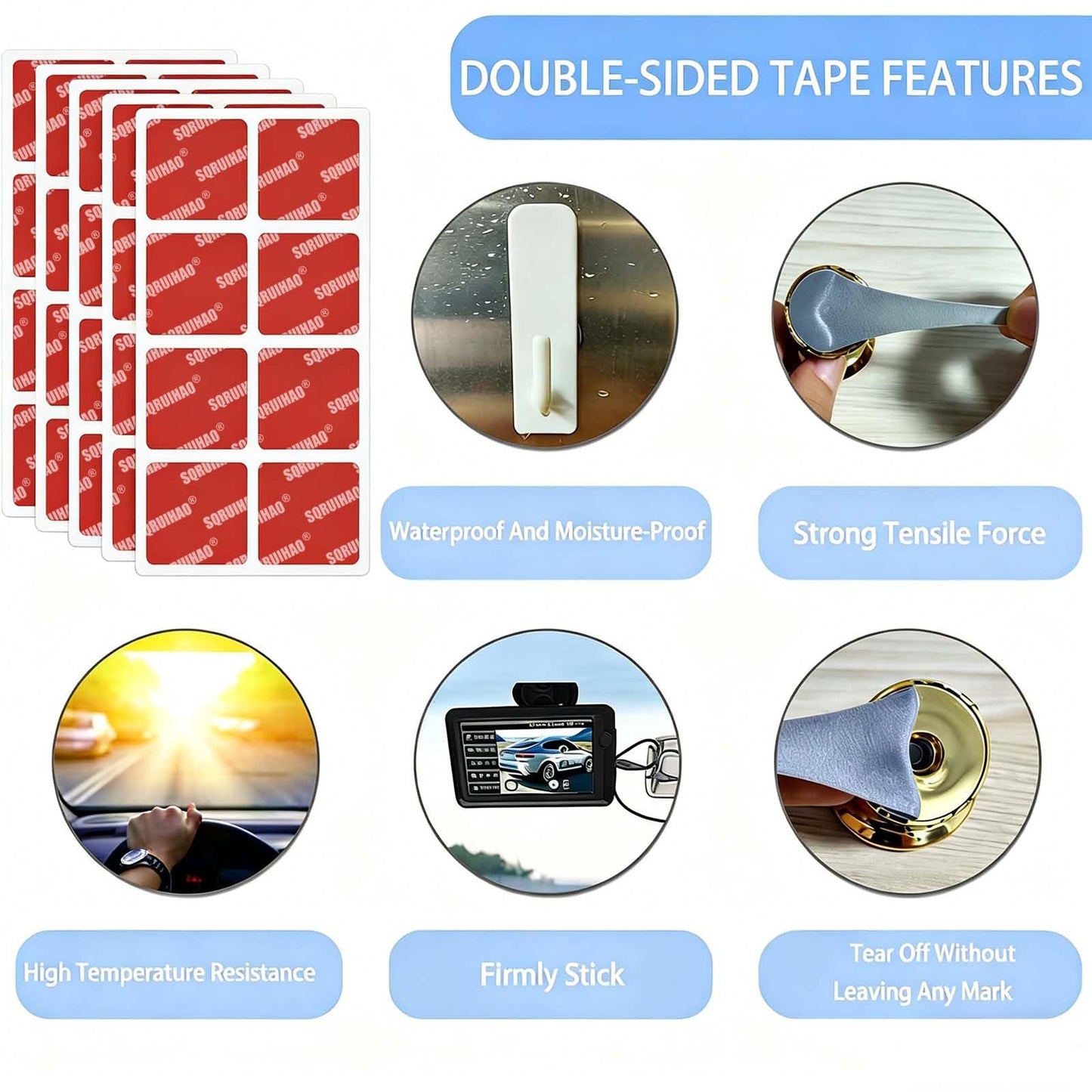 SQRUIHAO Double Sided Sticky Adhesive Pads, 12PCS 2.83" Square Heat Resistant Sticky Pad for Car Dashboard, Heavy Duty Tape Adhesive for Dash Magnet