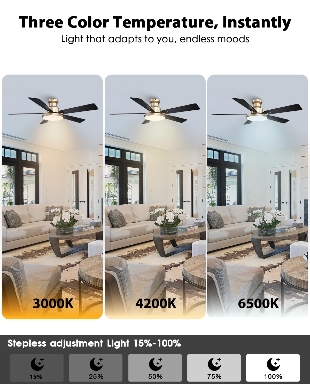 CalorHoga 52 Inch Low Profile Gold Ceiling Fans with Lights and Remote/App