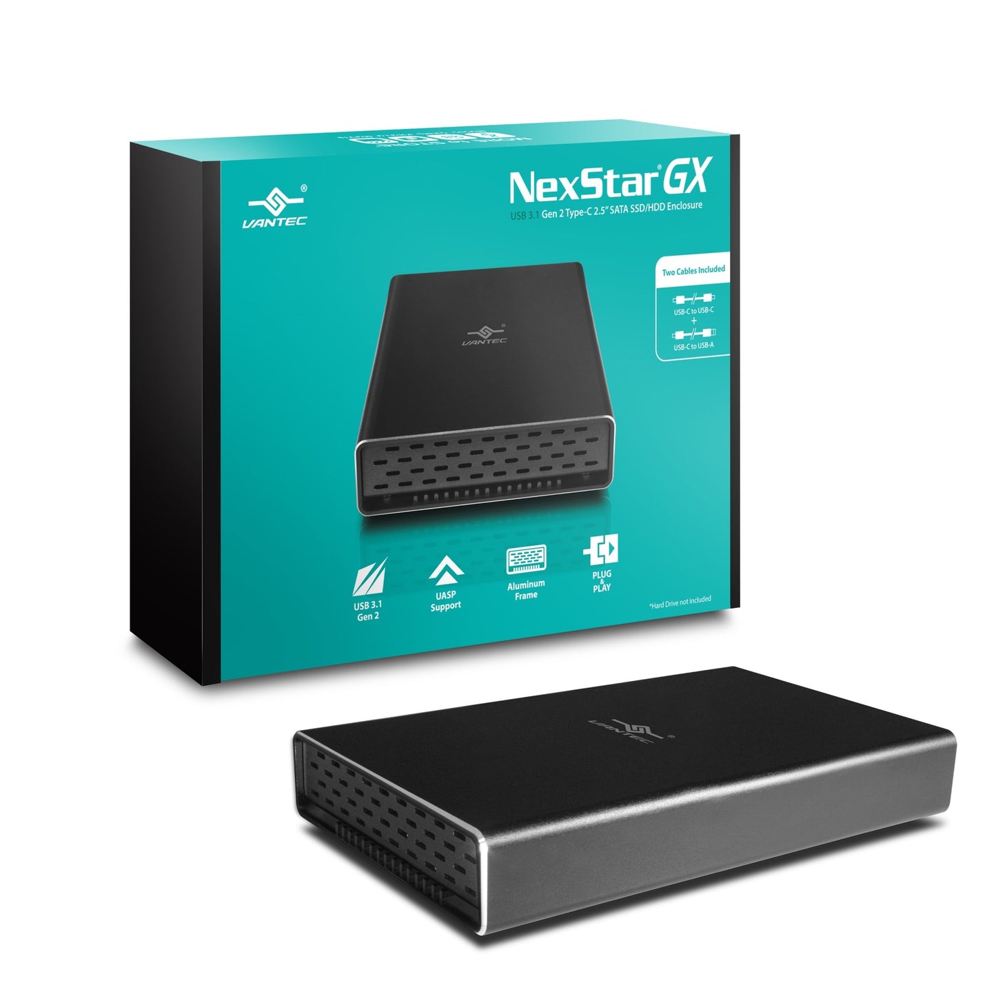 Vantec NexStar Gx USB 3.1 Gen 2 Type-C 2.5” SATA SSD/HDD Enclosure for 9.5mm & 7mm Height Drive; Comes with C to C and C to A Cable; Aluminum Casing