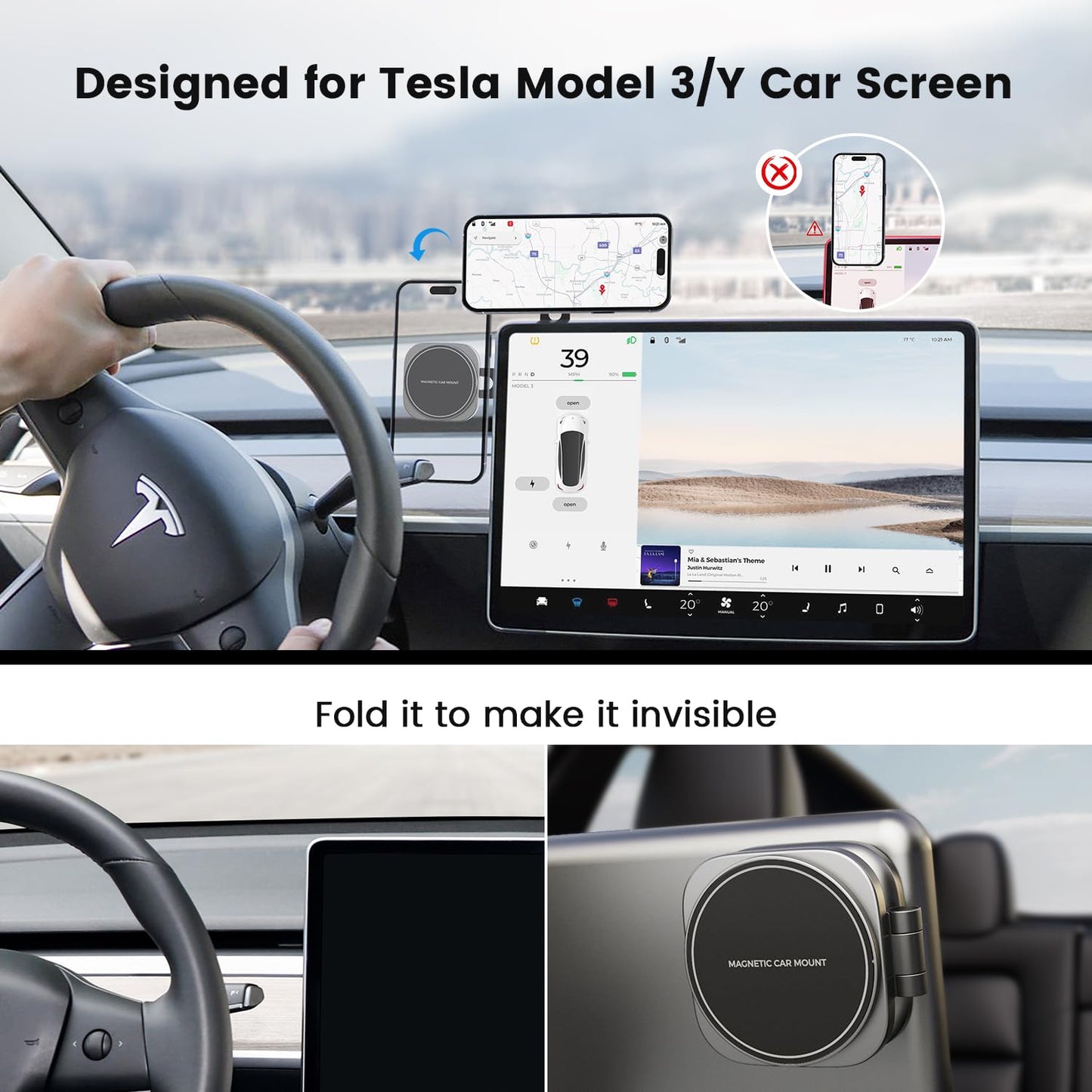 Marnana Phone Mount for Tesla Model 3 Model Y, Strong Magnetic Designed for MagSafe Car Mount Phone Holder for Tesla Screen Monitor, Invisible