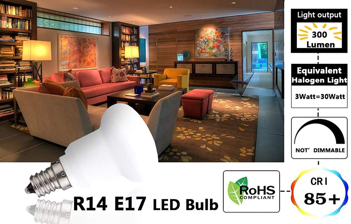 (PACK OF 4)BR14 R14 E17 LED Bulb, 3W (30W equivalent), 3000K (Warm White), CRI 85+, Wide Flood Light Bulb for Ceiling fan, 120° Beam Angle