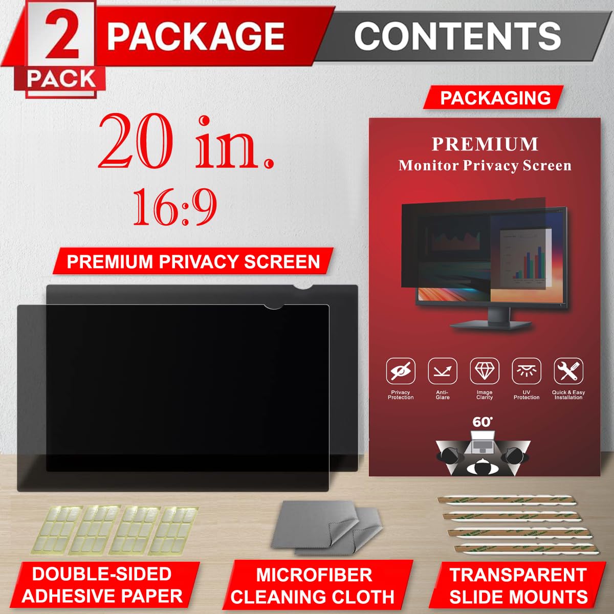 APeiSi [2 Pack] 20 Inch Privacy Screen Filter for Widescreen 16:9 Monitor | Privacy Shield | Anti-Glare |Anti-SPY | Anti-Blue light | Eye Protection |