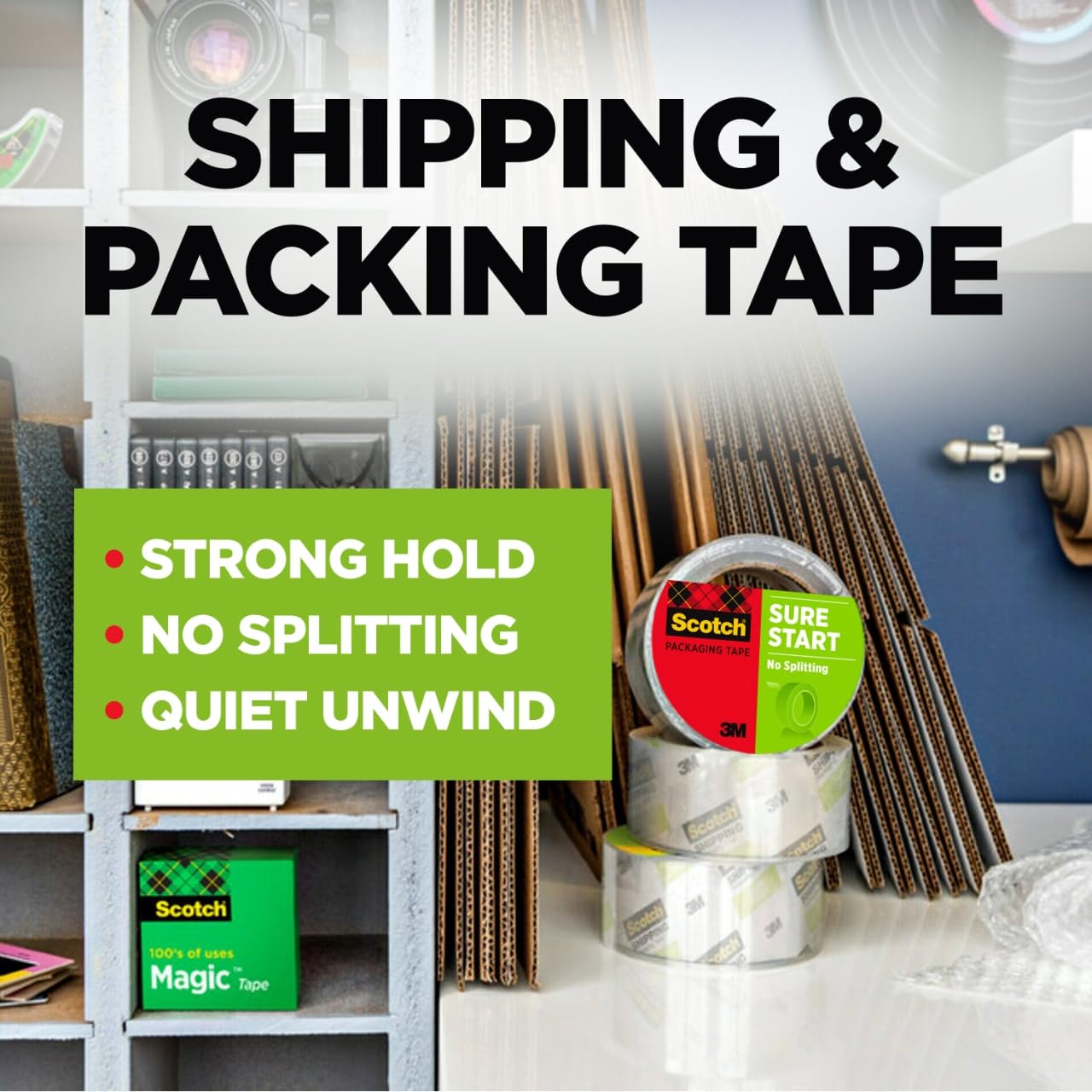 Scotch Sure Start Shipping Packaging Tape, 1.88" x 54.6 yd, Designed for Packing, Shipping and Mailing, Quiet Unwind, No Splitting or Tearing, 3"