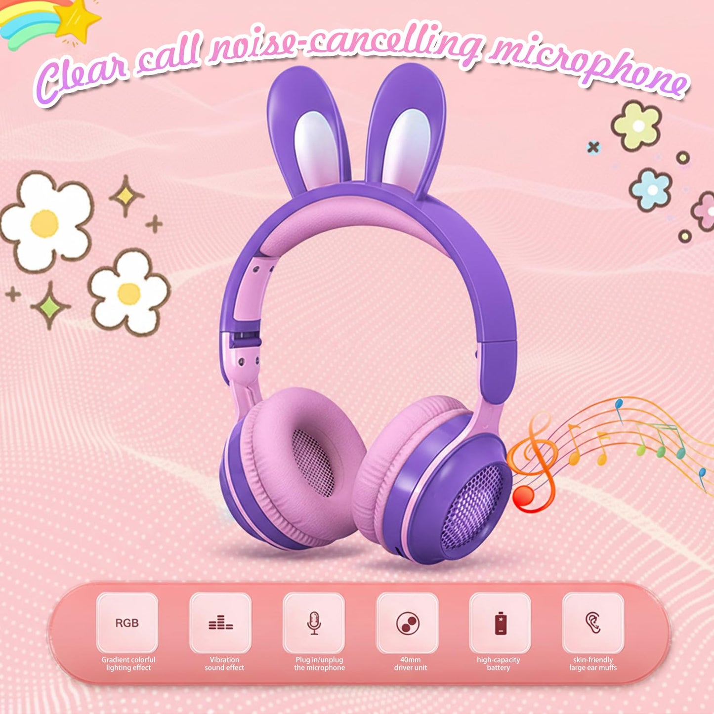 KERHAND Rabbit Purple Cat Headphones Bluetooth, Noise Cancelling, LED, Mic