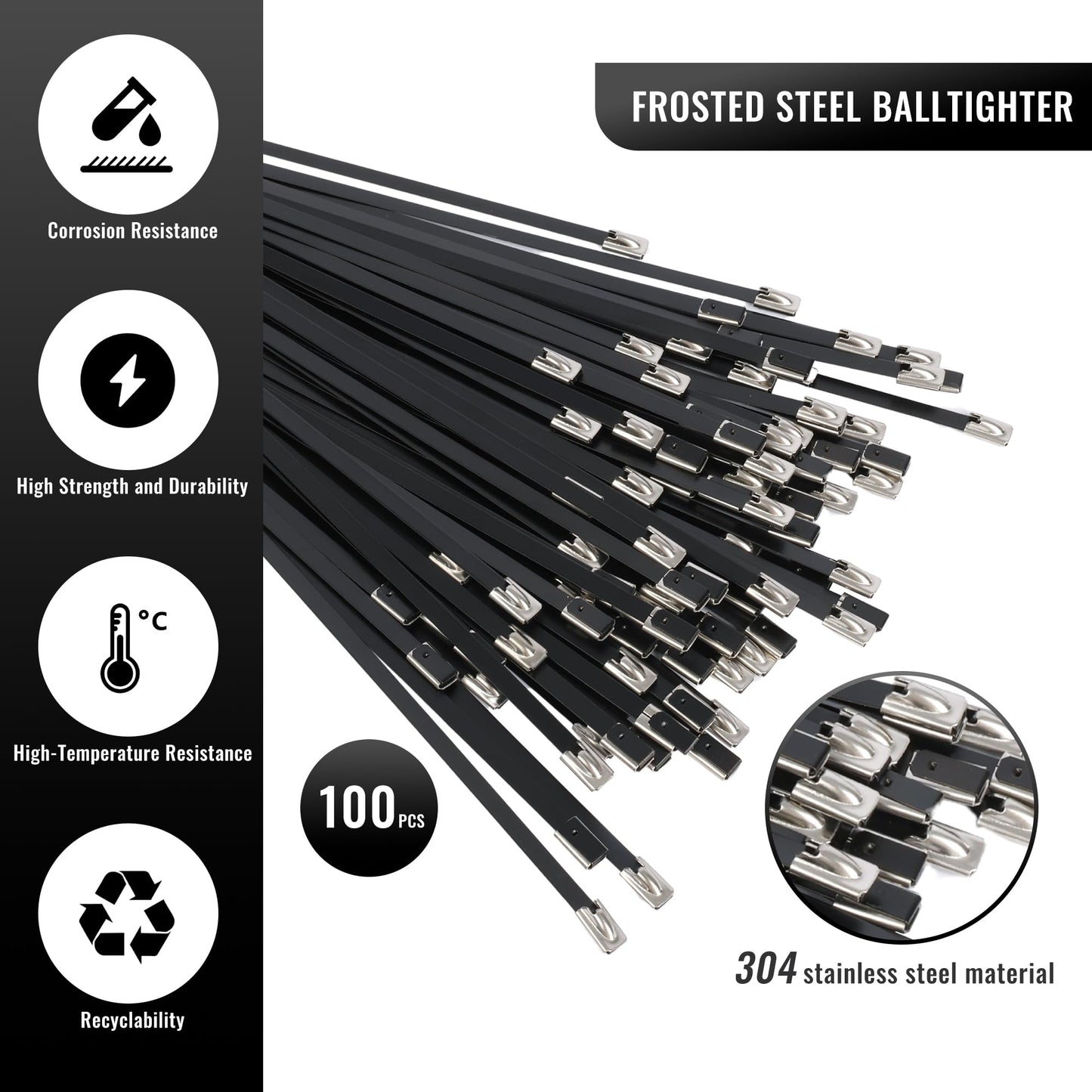 U.S. Solid Metal Zip Ties 11.81 inch Long 100pcs 304 Stainless Steel Heavy Duty Self-locking Cable Ties Suitable for Machinery Vehicles Farms Pipes