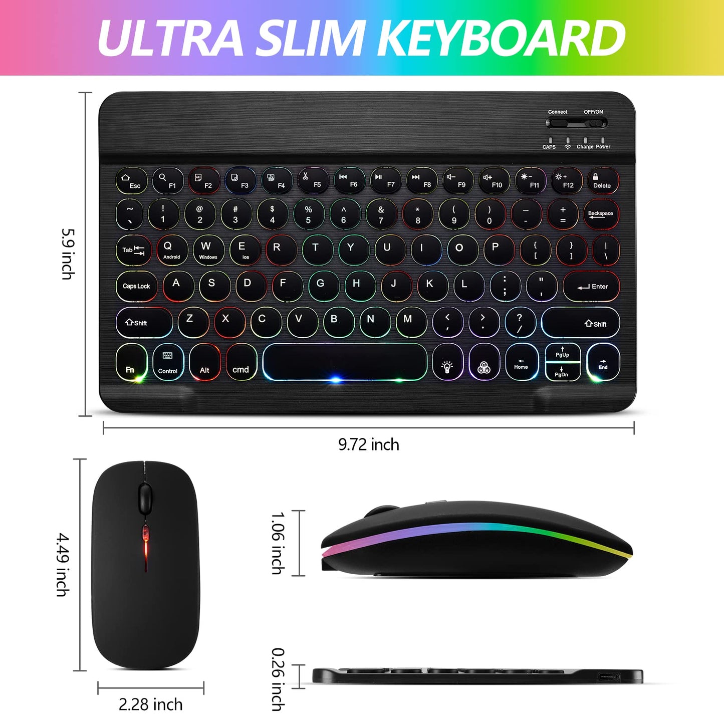 Ultra-Slim Lightweight Bluetooth Keyboard And Mouse Portable Wireless Keyboard Rechargeable 7-Color Backlit for Apple iPad iPhone Samsung Tablet