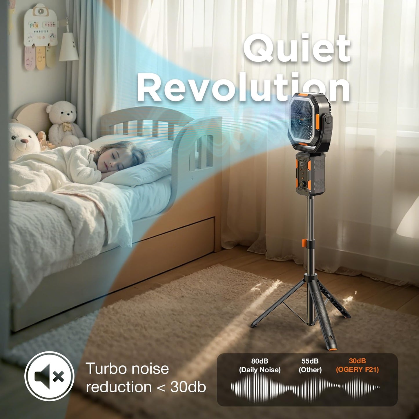 OGERY Portable Camping Fan with Adjustable Height Stand, 30000mAh Battery Powered Fan with Remote, LED Light, Auto Oscillation for Tent, RV, Bedroom