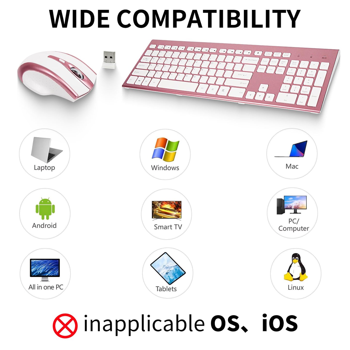 Wireless Keyboard and Mouse Combo 17inch Full Size 2.4G USB Ergonomic Slim Wireless Keyboard for PC Laptop Tablet Desktop Computer Windows Pink (Rose