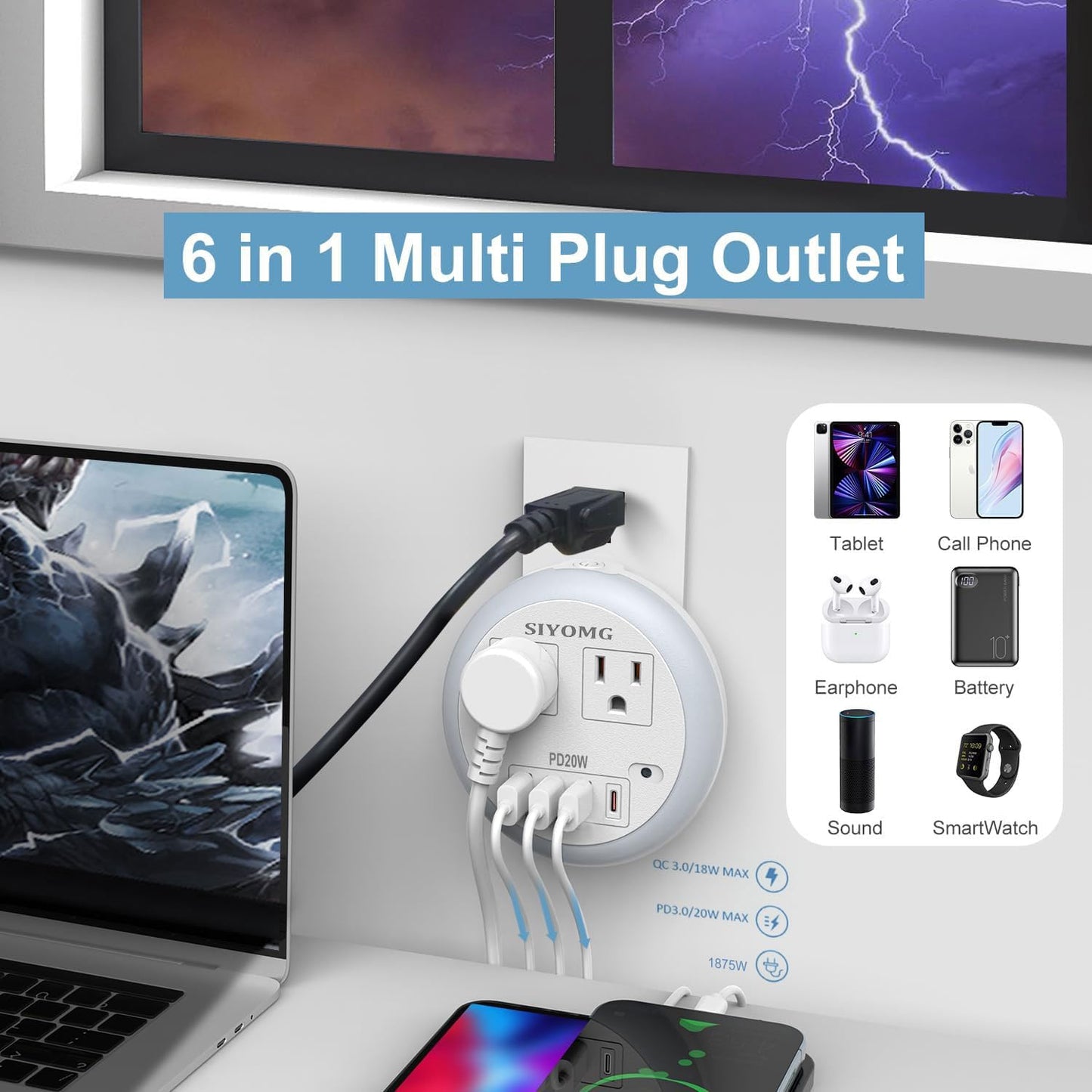 LED Night Lights Plug into Wall, Plug in Night Light with 4 USB Ports and 2 Outlets, Smart Dusk to Dawn Sensor 6-Color Adjustable, Night Light