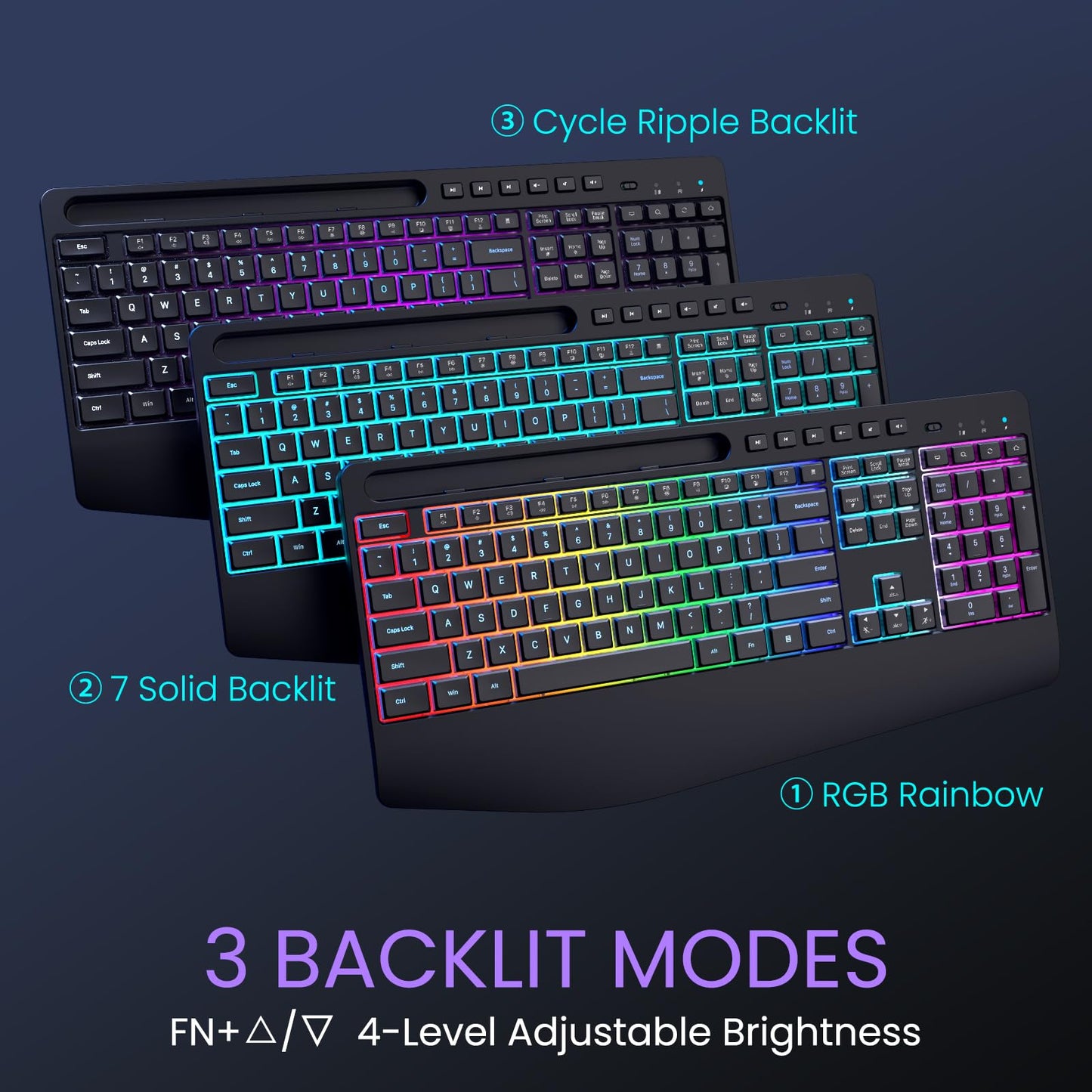 Wireless Keyboard and Mouse Combo- VEILZOR 2.4G Rechargeable Keyboard with Phone Holder, Ergonomic Wrist Rest, 9 RGB Backlit Effects, Silent Keyboard