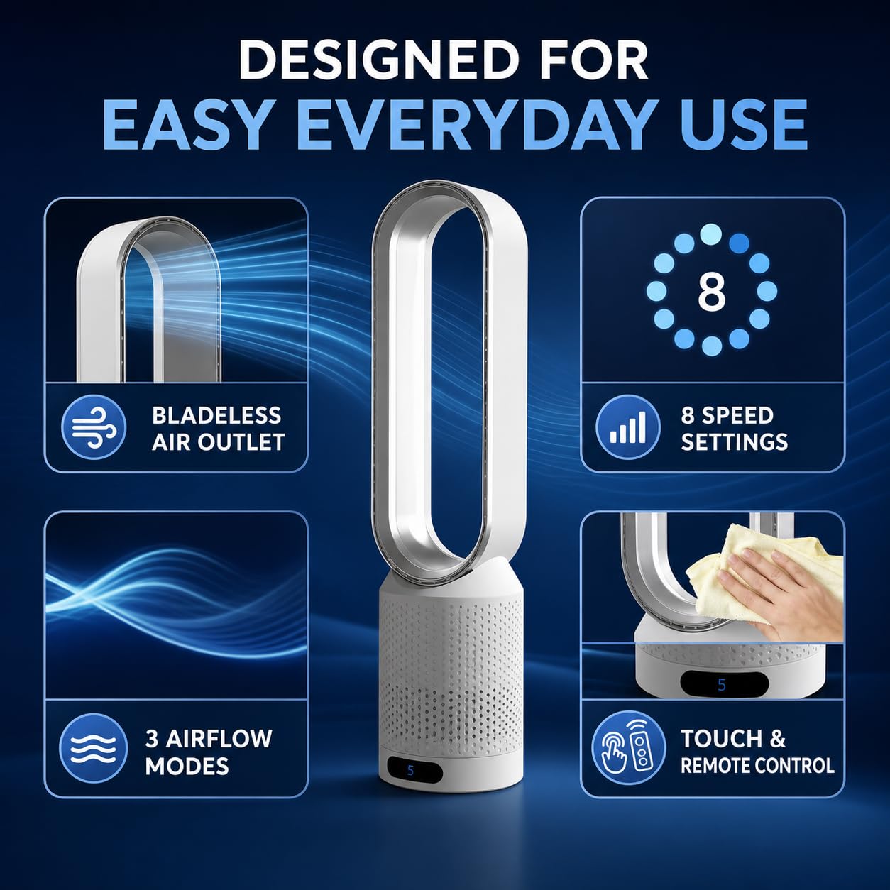 HQYJ Bladeless Cooling Fan, Remote, 8 Speeds, 90° Oscillating, Blue