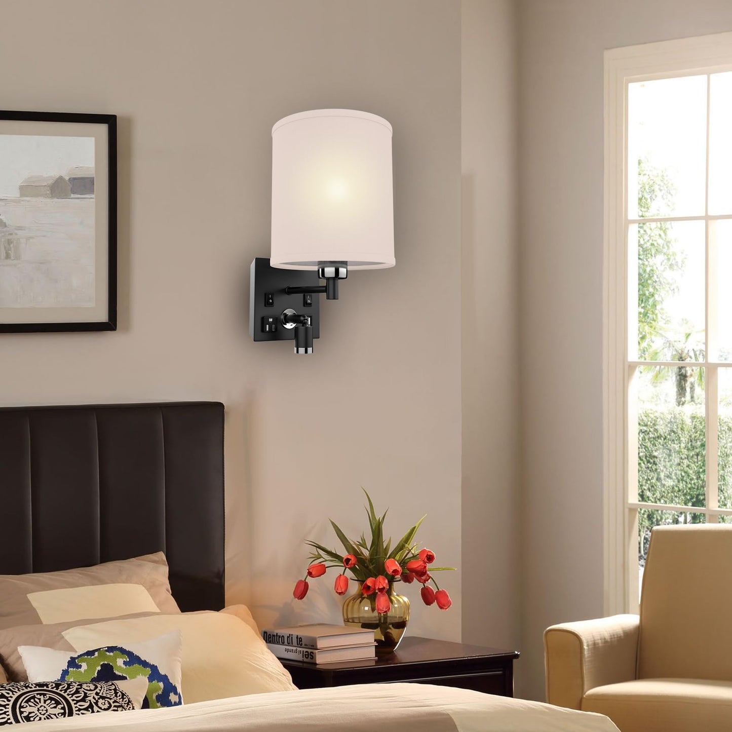 LEDMyplace 1-Light LED Wall Sconces, Indoor Sconce Light Fixture for Living Room with USB Ports and Outlet, E26 Base, Iron Body, White Fabric Shade