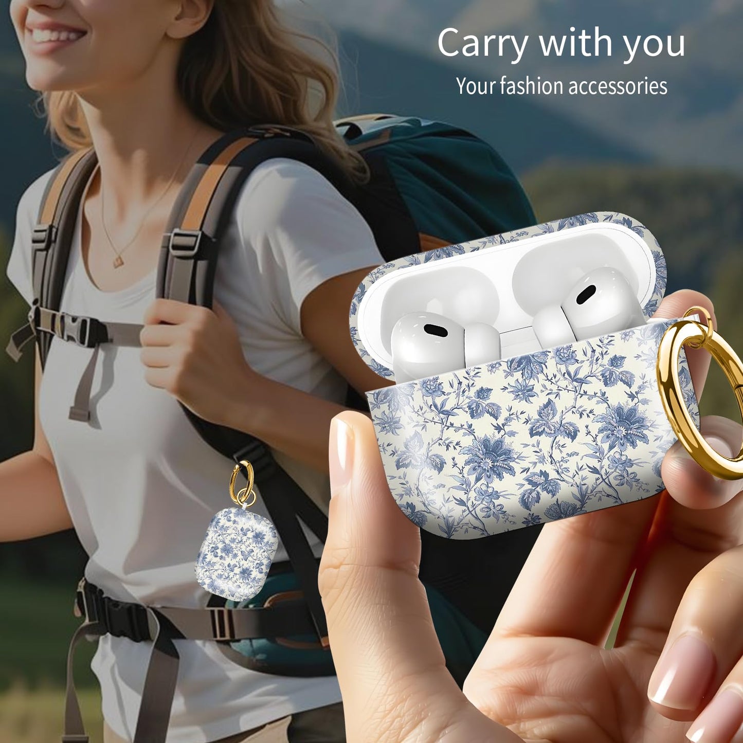 for AirPod PRO 3 2025 Case Shockproof and dustproof Wireless Earbuds case Cover with Golden Ring Keychain(Delicate Blue Flowers)