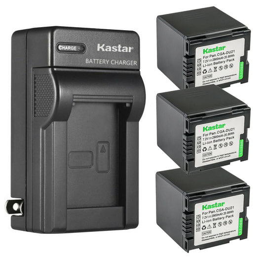 Kastar 3-Pack CGA-DU21 Battery and AC Wall Charger Replacement for Panasonic PV-GS29, PV-GS31, PV-GS33, PV-GS34, PV-GS35, PV-GS36, PV-GS39, PV-GS50