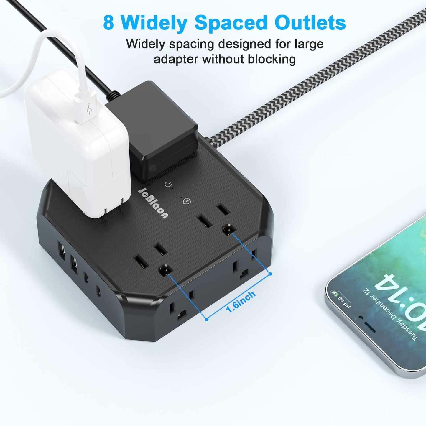 10FT Surge Protector Power Strip, Braided Extension Cord, 8 Outlets 4 USB Ports(2 USB C), Flat Plug Power Strip, USB Desktop Charging Station