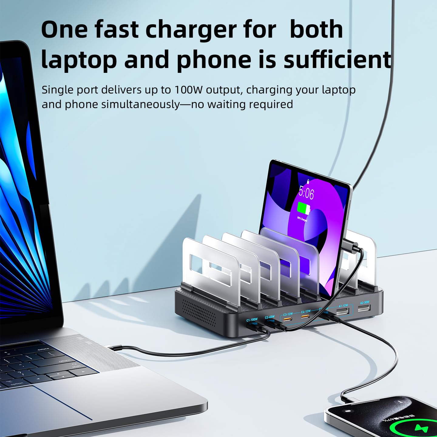 JINNOVA 288W GaN 8-Port USB Charging Station, Retractable Cable with Cooling Fan & Detachable Organizer for MacBook, iPhone, iPad, Samsung, Laptop