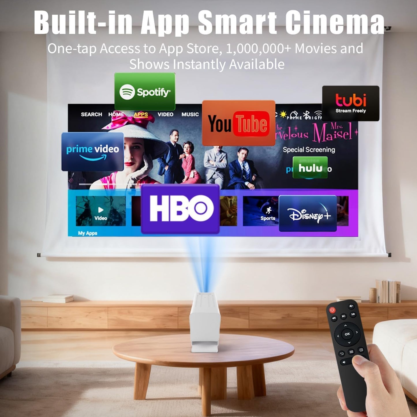 Mini Projector with WiFi and Bluetooth, 1080P Supported Smart Projector with Built in Apps, Outdoor Movie Projector 150" Display, Auto Keystone?Short