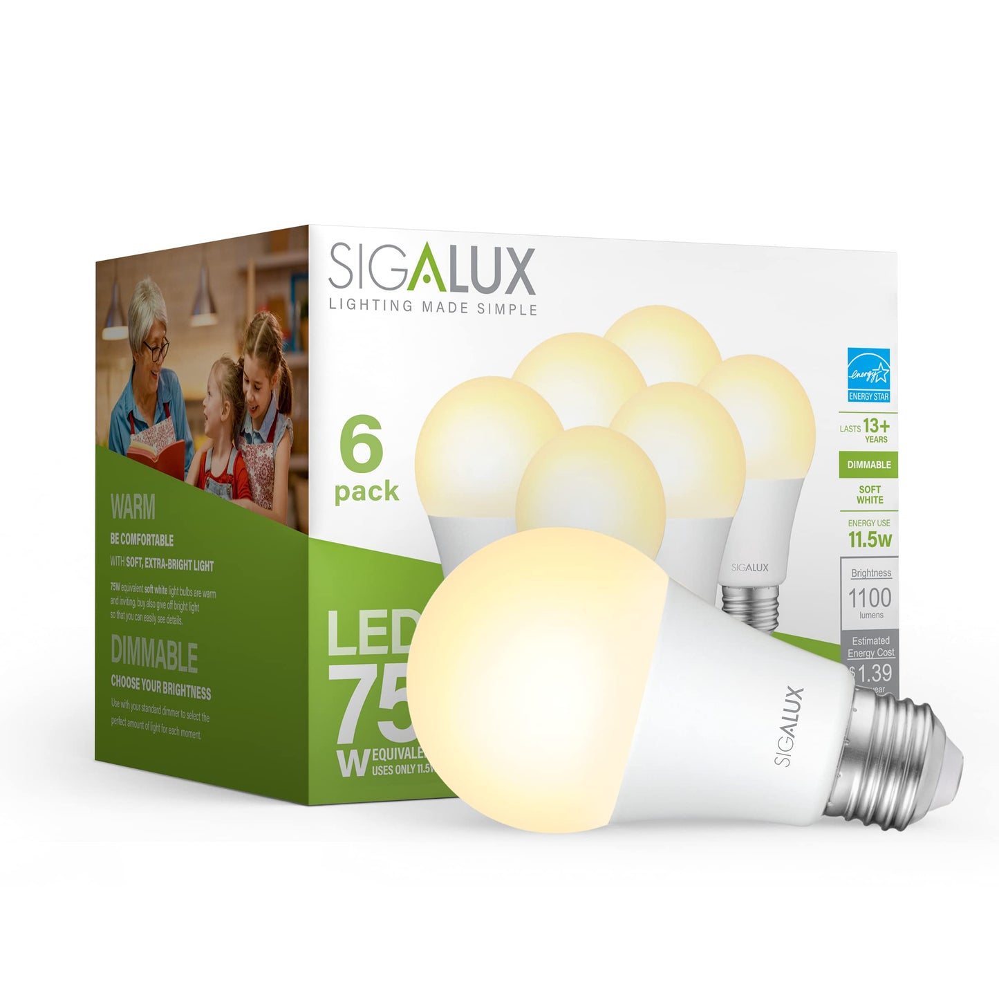 Sigalux A19 LED Light Bulb Energy Star Certified, 75 Watt Equivalent, Dimmable LED Bulb Soft White 2700K 1100LM 11.5W, E26 Standard Led Bulbs, UL