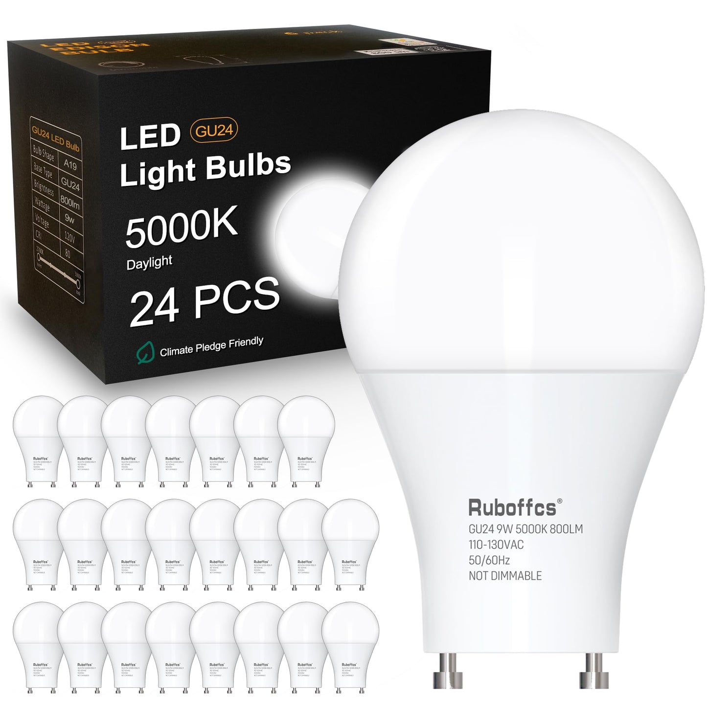 Ruboffcs GU24 LED Light Bulb,Daylight 5000K,Efficient 9W,24 Packs