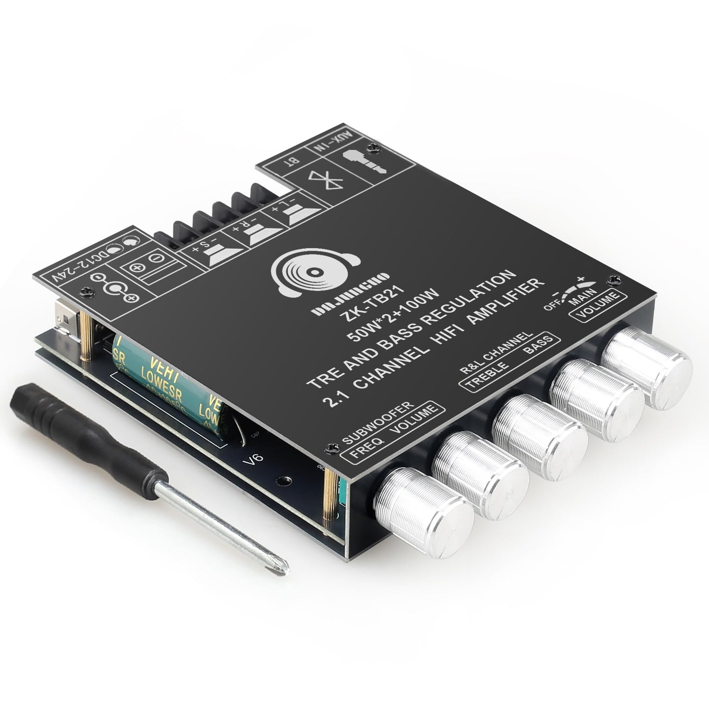 ZK-TB21 Power Amplifier Board Bluetooth5.1 TPA3116 Chip with Subwoofer 2.1 Channel 50W×2+100W, DC 12-24V Bluetooth and AUX Inputs