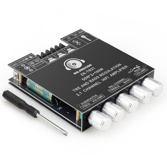 ZK-TB21 Power Amplifier Board Bluetooth5.1 TPA3116 Chip with Subwoofer 2.1 Channel 50W×2+100W, DC 12-24V Bluetooth and AUX Inputs