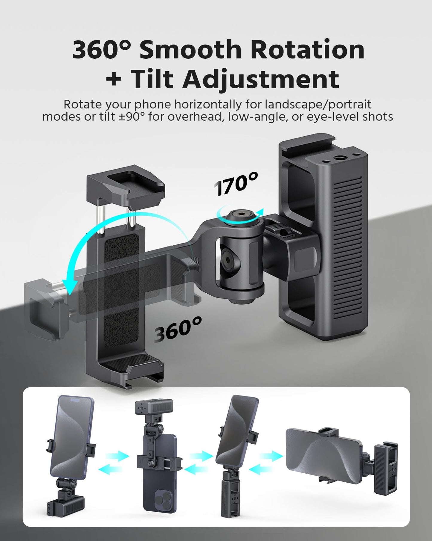 ROZOER 360° Phone Clip Mount with 1/4"-20 Screw & Locating Pins for Arri, Rotatable Phone Holder with 3 Cold Shoes for LED Lights, Mics