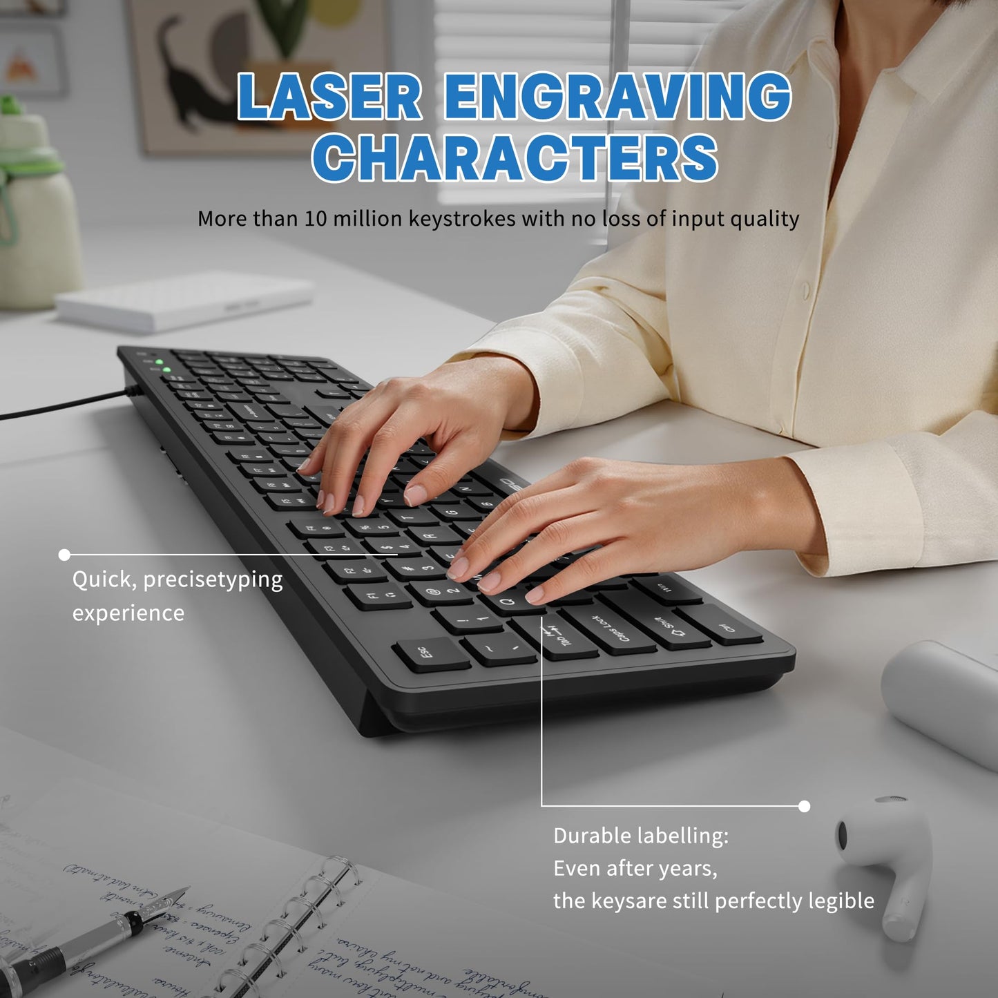 Fade-Proof Lettering Wired Keyboard Full Size - Black Office Keyboard With Laser Etched Keys, Integrated Bracket, Spill-Resistant Design 5.2ft Usb