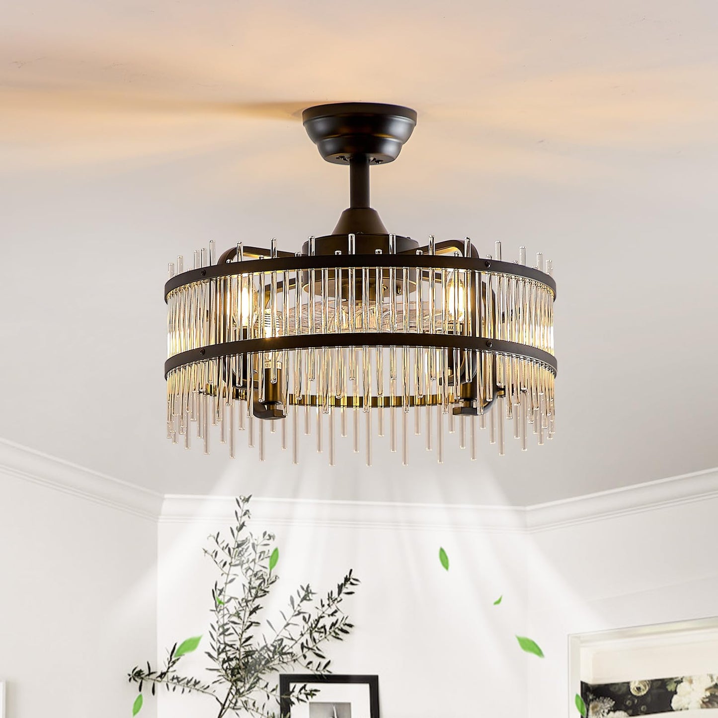 HSMKL Black Crystal Fandelier Ceiling Fan with Light, 19.7 Inch Bladeless Enclosed Fan Chandelier, 6 Speed Quiet DC Motor with Remote/APP Control,