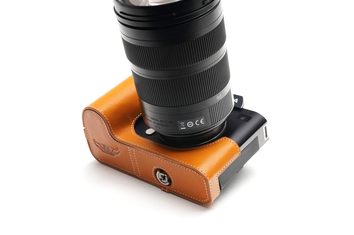 SL Camera Case, BolinUS Handmade Genuine Real Leather Half Camera Case Bag Cover for Leica SL Camera Bottom Opening Version + Hand Strap (Yellow)