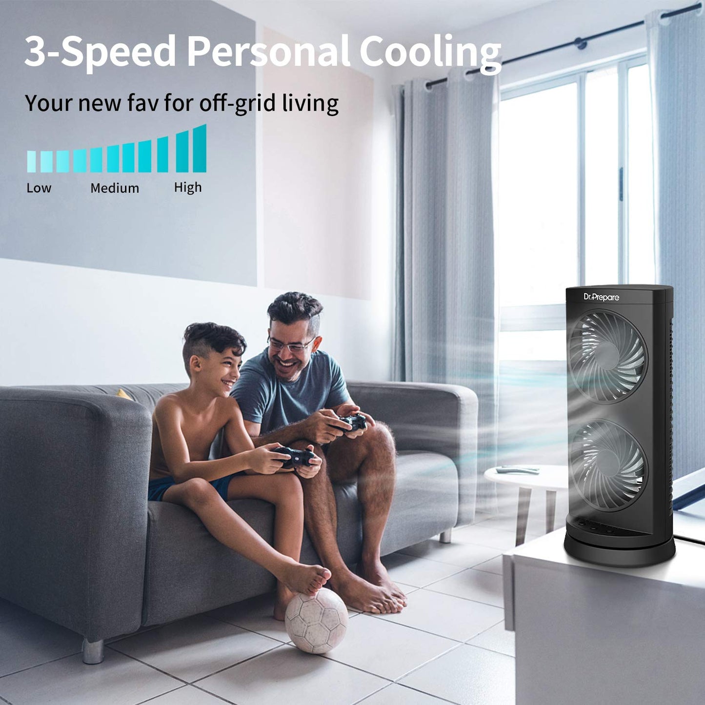 Dr. Prepare Tower Fan Oscillating Fan, Portable Desk Fan with 3-Speed Options, Dual Air Circulation, 110° Oscillation, 3 Timers, Personal Quiet Table