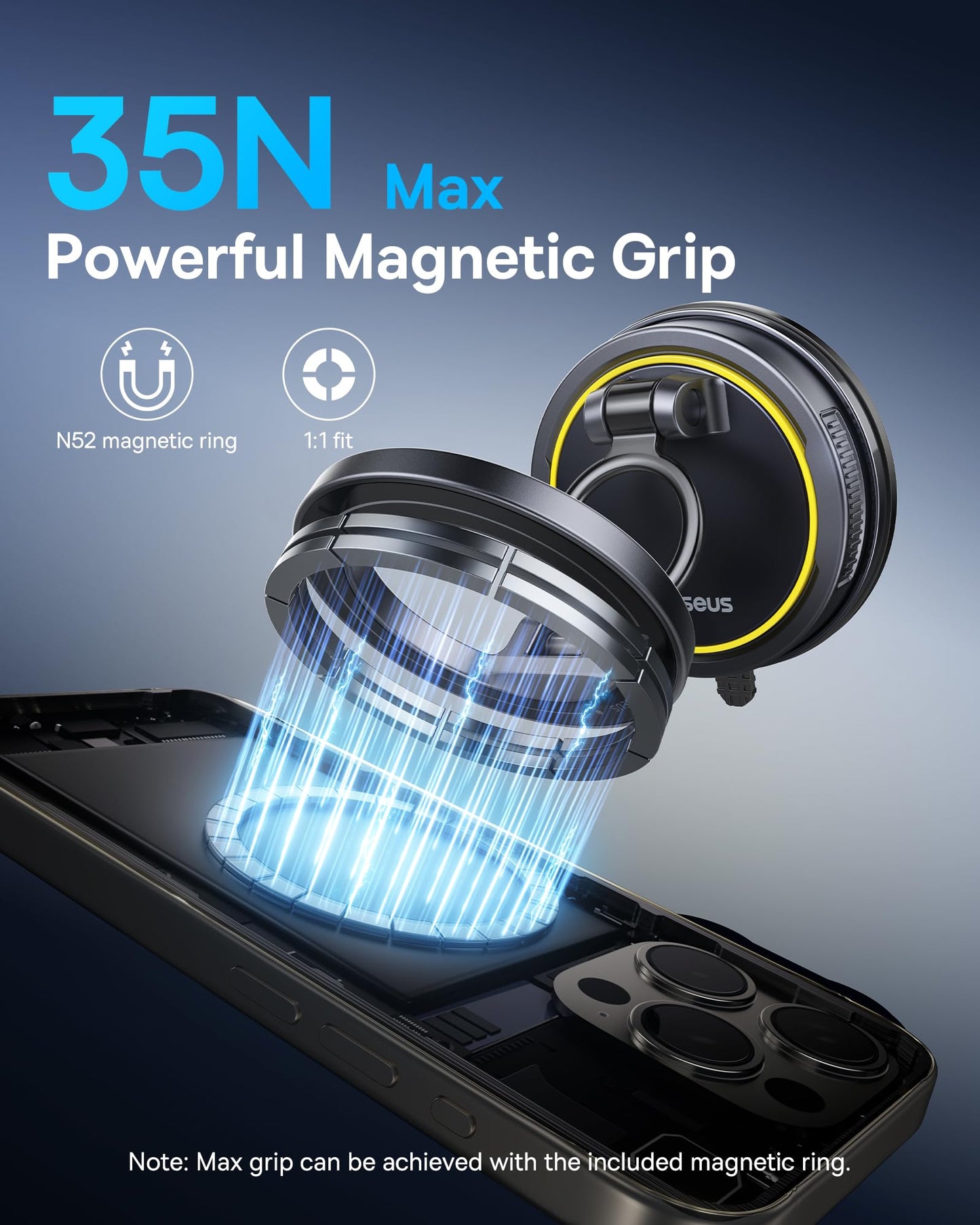 Baseus for Magsafe Car Mount, Vacuum 119LBS Magnetic Suction Cup Phone Holder for Car, 720° Adjustable Foldable Cell Phone Holder with Reusable