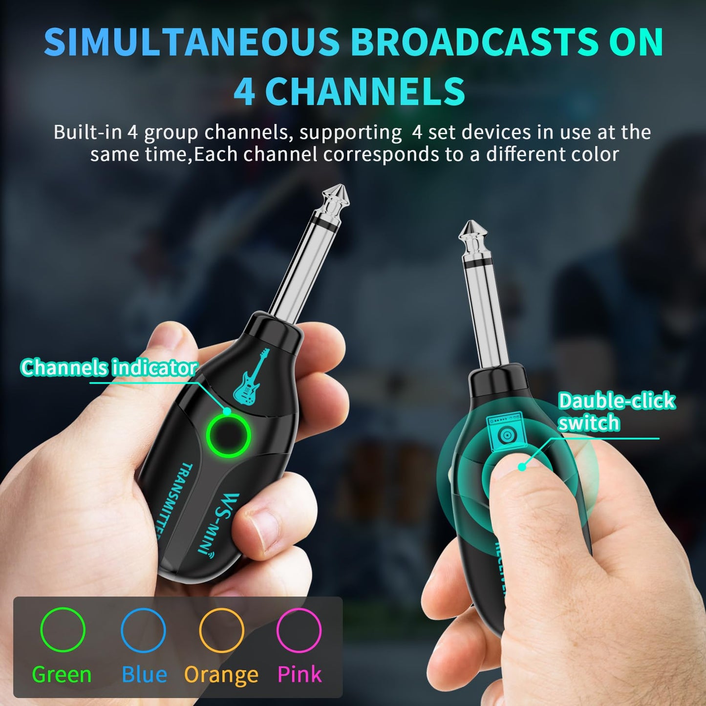 BEEONE 2.4GHz Wireless Guitar System with Rotating Head, Rechargeable Wireless Guitar Transmitter Receiver with 4 Channels, Guitar Wireless System for