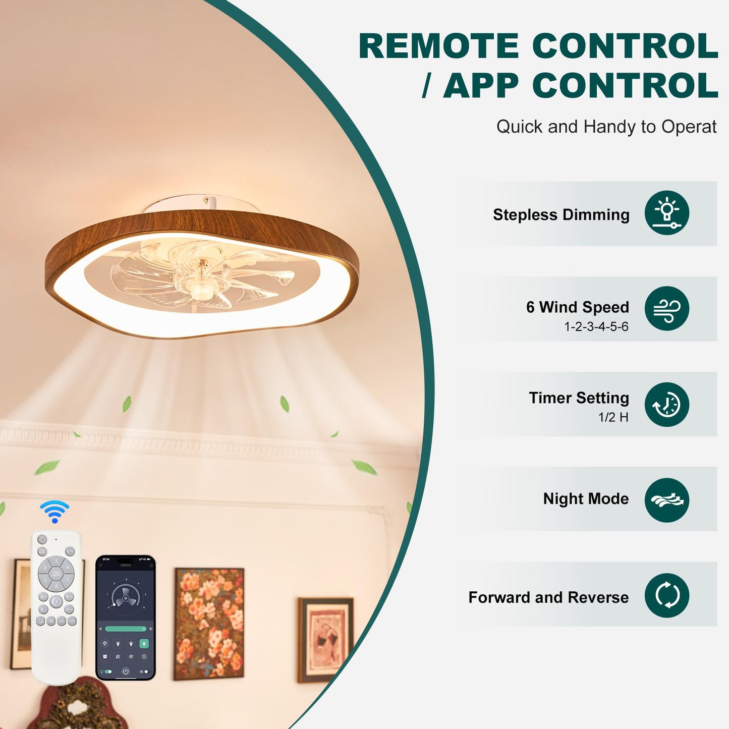 HSMKL 20? Low Profile Ceiling Fan with Lights, Farmhouse Retro Walnut Wood Grain Ceiling Fan Light, Bladeless Dimmable LED Chandelier Fans for Bedroom