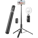 72" Cell Phone Selfie Stick Tripod, Aluminum Selfie Stick All-in-1 with Integrated Remote, Extendable Travel Smartphone Tripod Stand Compatible