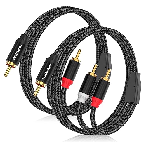HOSONGIN RCA Y Splitter Cable, 3.3Ft, 2Pack, 1 Male to 2 Male Audio Cable, Gold-Plated, Noise-Free Durable Braided Design RCA Adapter for Subwoofers