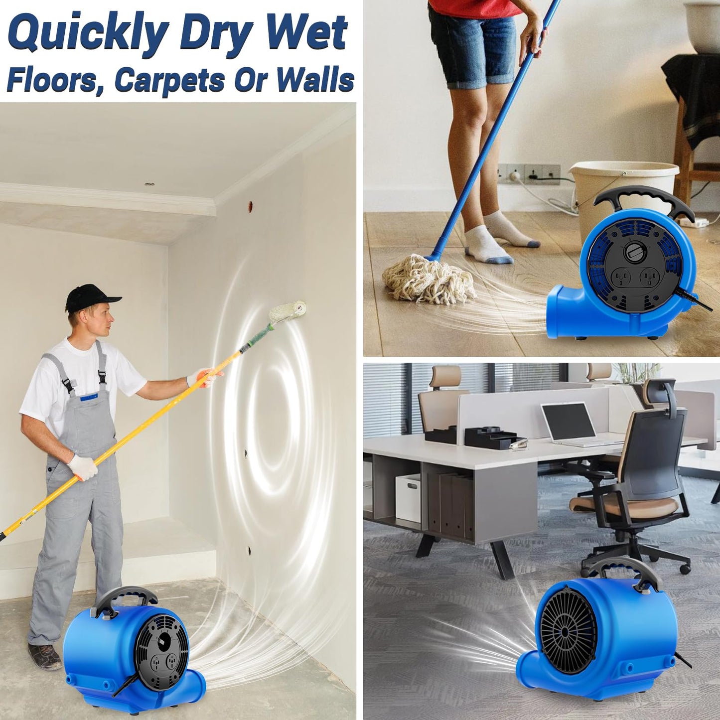 BSMTEK 1200CFM Air Mover Blower Fan, Industrial 1/3HP Monster Floor Blower Carpet Dryers - 3 Speeds Switch, 4 Adjustable Angles, 15FT Long Cord