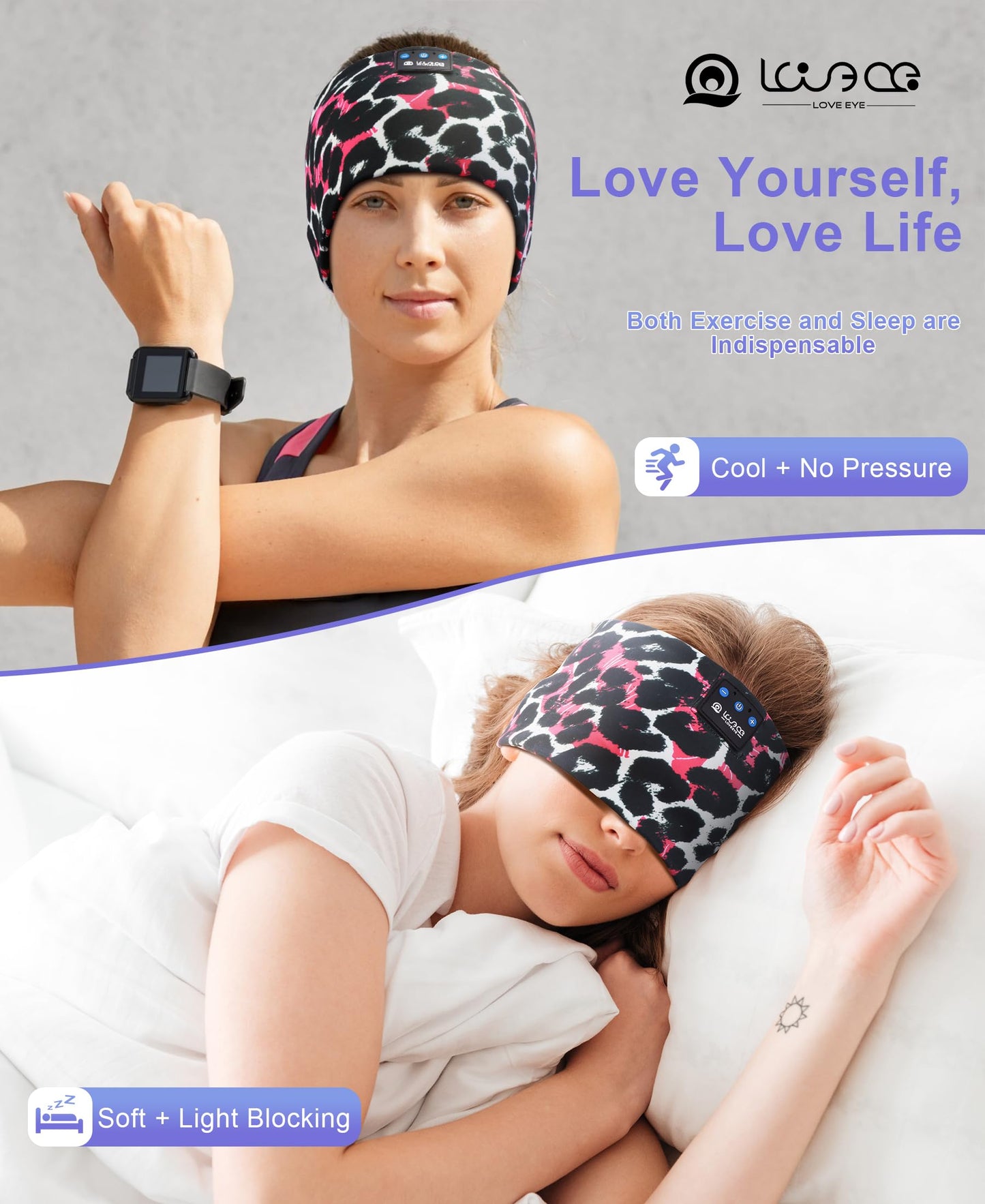 LOVE EYE Sleep Headphones Wireless Headband Headphones Bluetooth 5.4 for Side Sleeper Bluetooth Headband Earphones for Sports for tech Gadgets Gifts