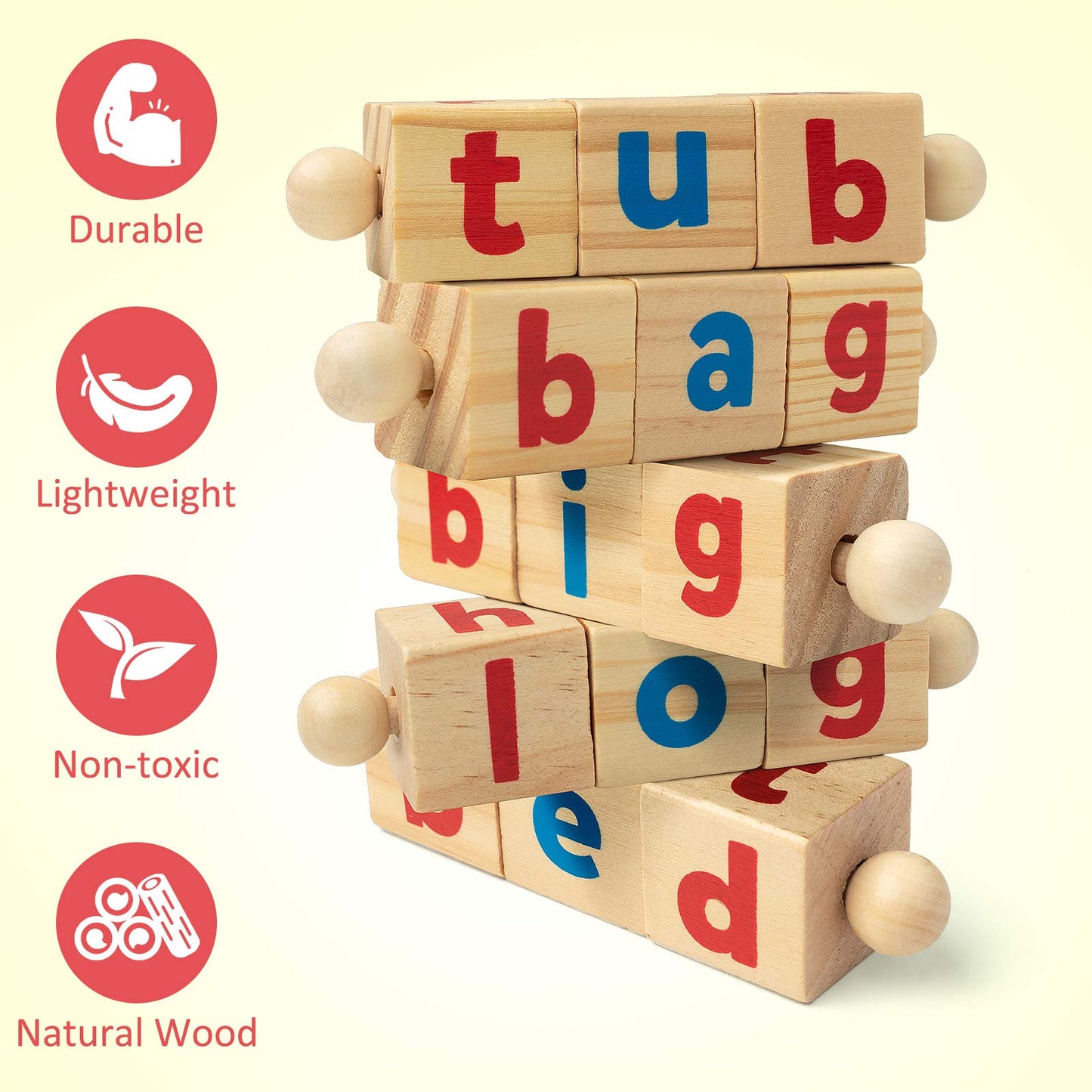 Coogam Wooden Reading Blocks – Short Vowel Rods Spelling Game with Rotating Letter Puzzle & Flash Cards, Montessori Learning Toy for Preschool Kids