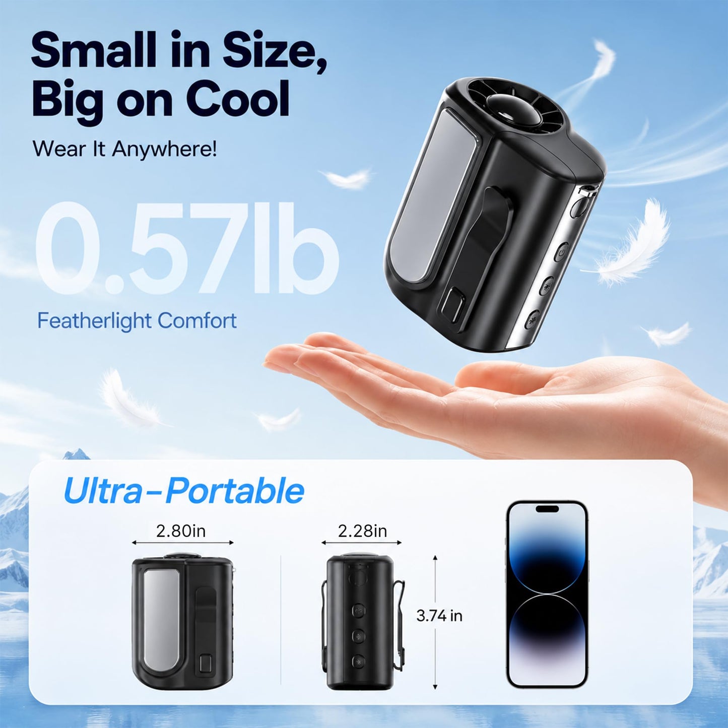 Sovrelon Waist Fan with Ice Cooling, 3-in-1 Wearable Clip On?Rechargeable 7000mah Battery ?120-Speed Strong Airflow, Dual-Clip Personal Fan with Light